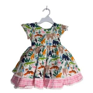 NWOT Girl August Boutique Safari Animal Zoo Dress Ruffle Hem Sz 2